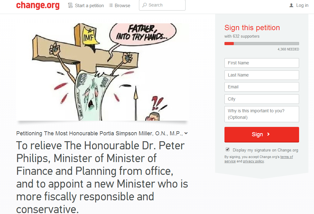 petition to relieve fire Minister of Finance Peter Philips bank withdrawal tax Jamaica