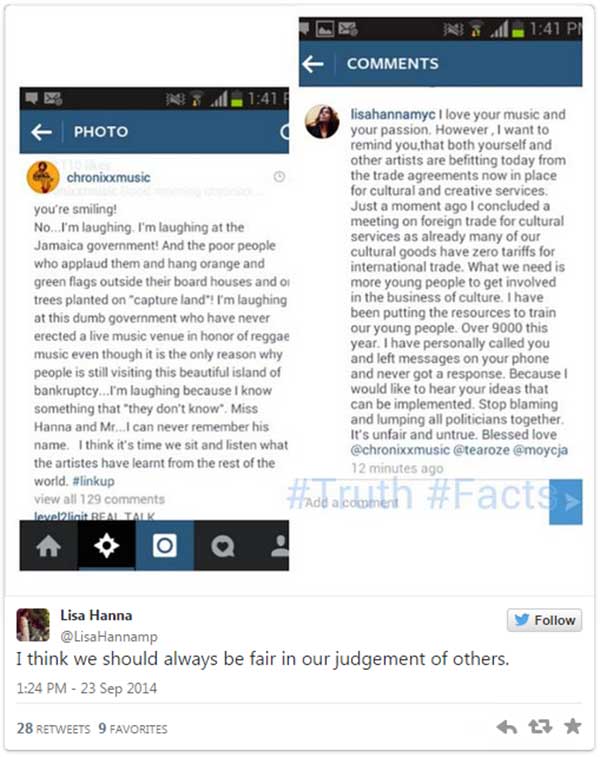 Lisa Hanna Chronixx tweet what they said