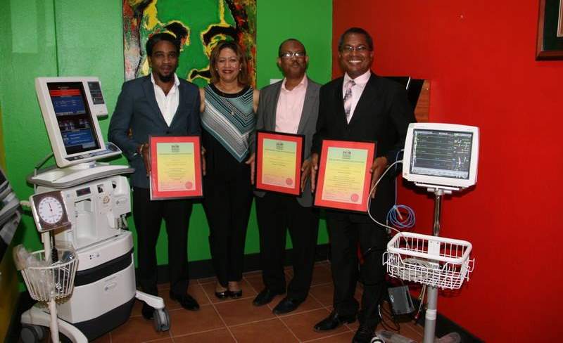 Photo Left to Right: Dr. Andrei Cooke Chairman of the Board of the South East Regional Health Authority, GM Bob Marley Group Of Companies Marie Bruce, Dr. Rudolf Stevens Executive Director of Women’s Health Network and Mr. Anthony Wood, Chief Executive Officer of the Bustamante Hospital for Children via Bob Marley Foundation Facebook Page