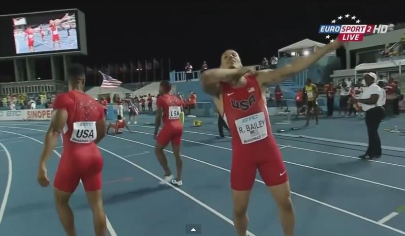 Ryan Bailey does throat slash taunt - Screenshot from Eurosport 2 HD