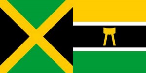 Picture of the Jamaican flag (known in Ghana as the Adinkra, Mframadan) and the Asante national flag.