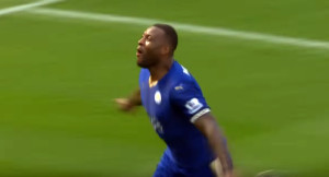 Wes Morgan celebrates after scoring his first goal of the season against Southhampton via Youtube