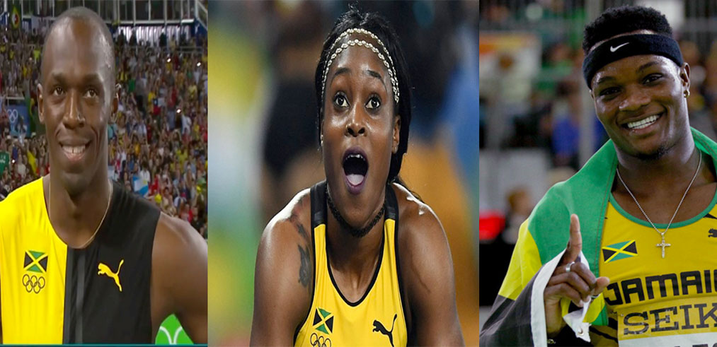 Usain Bolt (left) Elaine Thompson (centre) and Omar McLeod